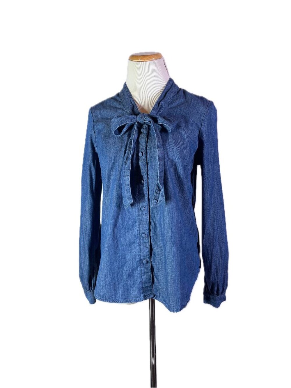 Talbots Size S Long Sleeve Chambray Denim Shirt Tie Neck Cotton